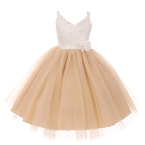 Big Girls Champagne Beaded Lace V-neck Special Occasion Dress 8-12