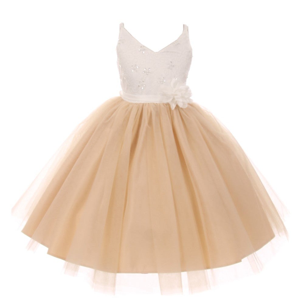 Big Girls Champagne Beaded Lace V-neck Special Occasion Dress 8-12