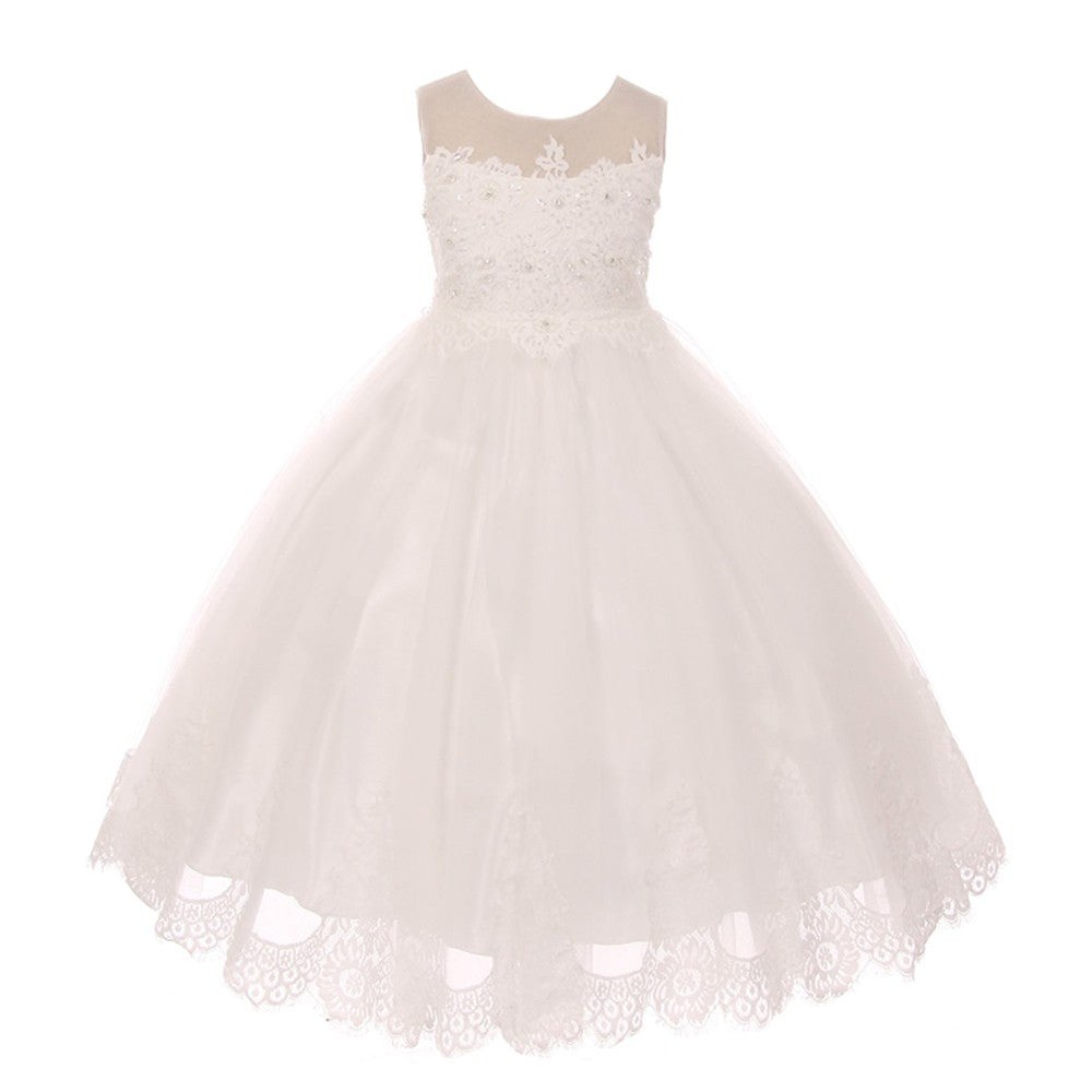 Big Girls Ivory Lace Stone Applique Tulle Communion Dress 8-16