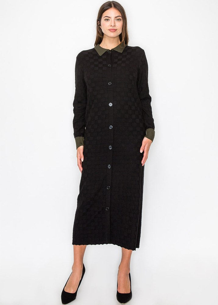 Black Knit Midi Dress with Olive Trim 7833692176444