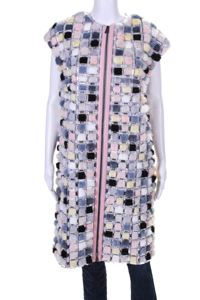 Fendi Womens Sleeveless Leather Trim Jeweled Fur Zipper Vest Pink 7833712525372