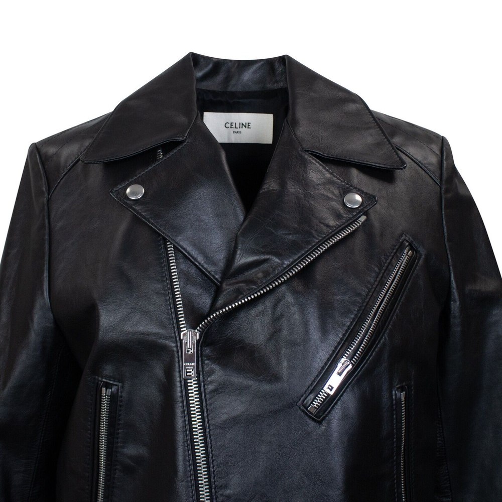 Black Padded Calfskin Jacket W / Front Zip Pockets
