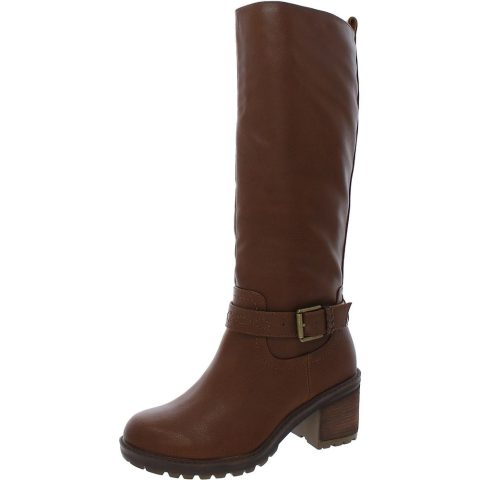 Faux Leather Embroidered Knee-High Boots
