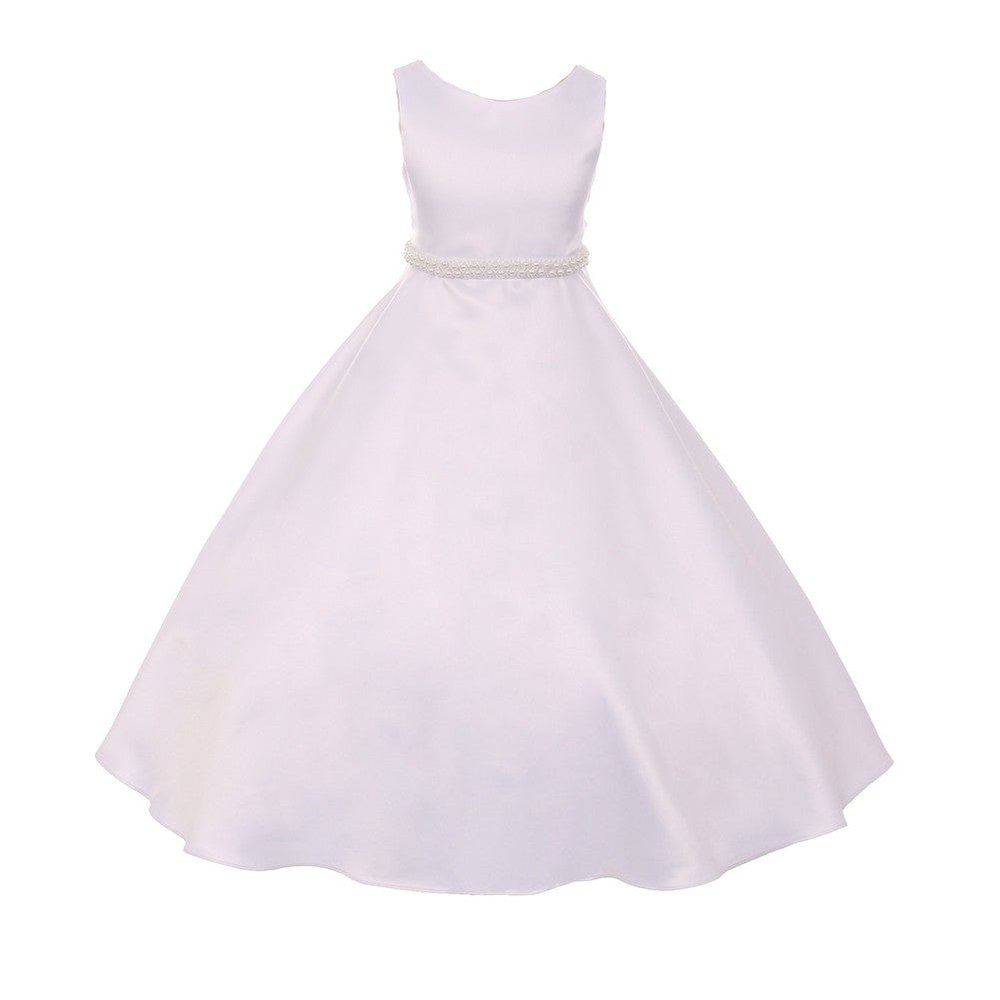 Little Girls White A-Line Satin Pearl Trim Flower Girl Dress 4-6