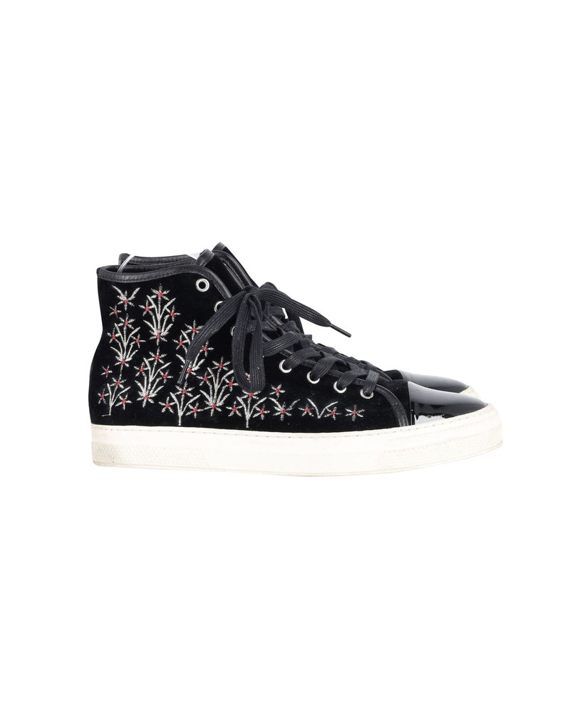 Mother Of Pearl Embroidered High Top Sneakers in Black Patent Leather and Suede