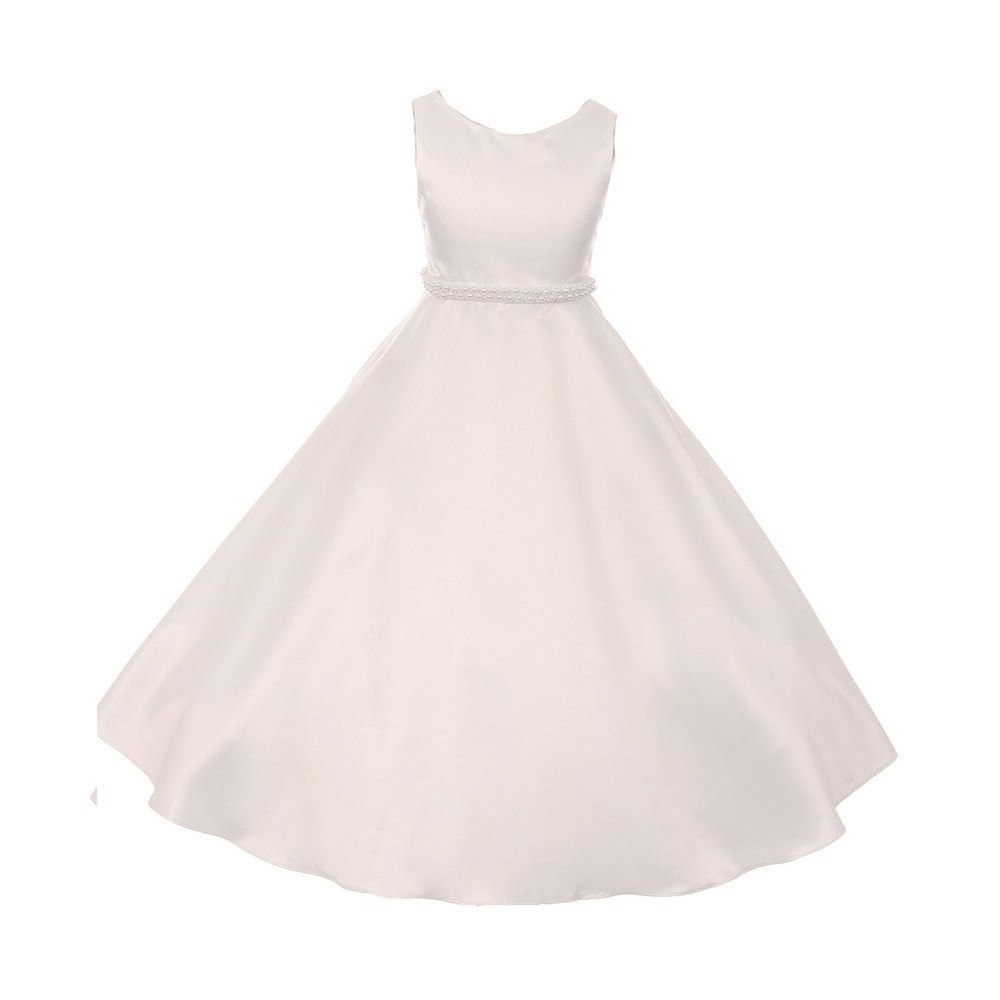 Big Girls Ivory A-Line Satin Pearl Trim Communion Dress 8-16