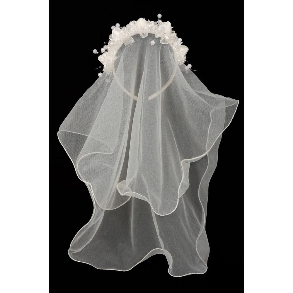 Girls Ivory Flower Pearl Crown Mesh Short Communion Flower Girl Veil