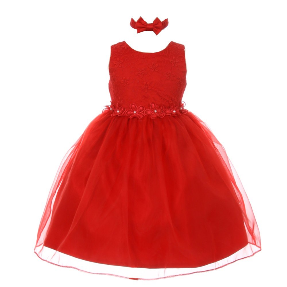 Little Girls Red Floral Trim Organza Overlay Flower Girl Dress 2-4T